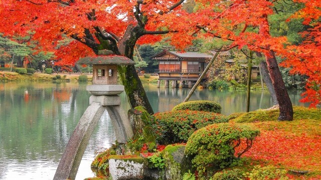 autumn leaves and pond at kenroku-en at Ishikawa